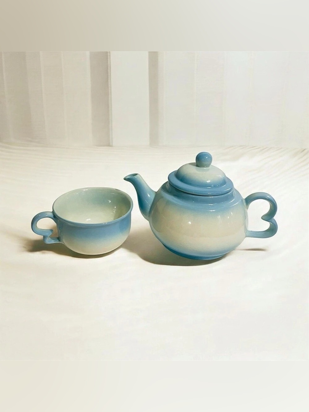 Vintage 1986 Handmade Tea for One Teapot & Cup Set Blue Ombre Heart Handles Sign